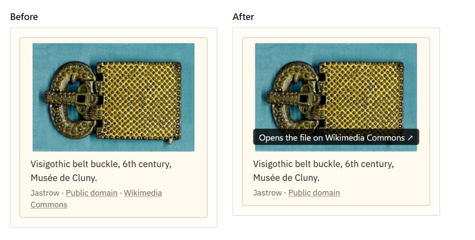 An article image before and after: before, the caption ends with a Wikimedia Commons link; after, the link is gone and clicking the image opens the file on Wikimedia Commons