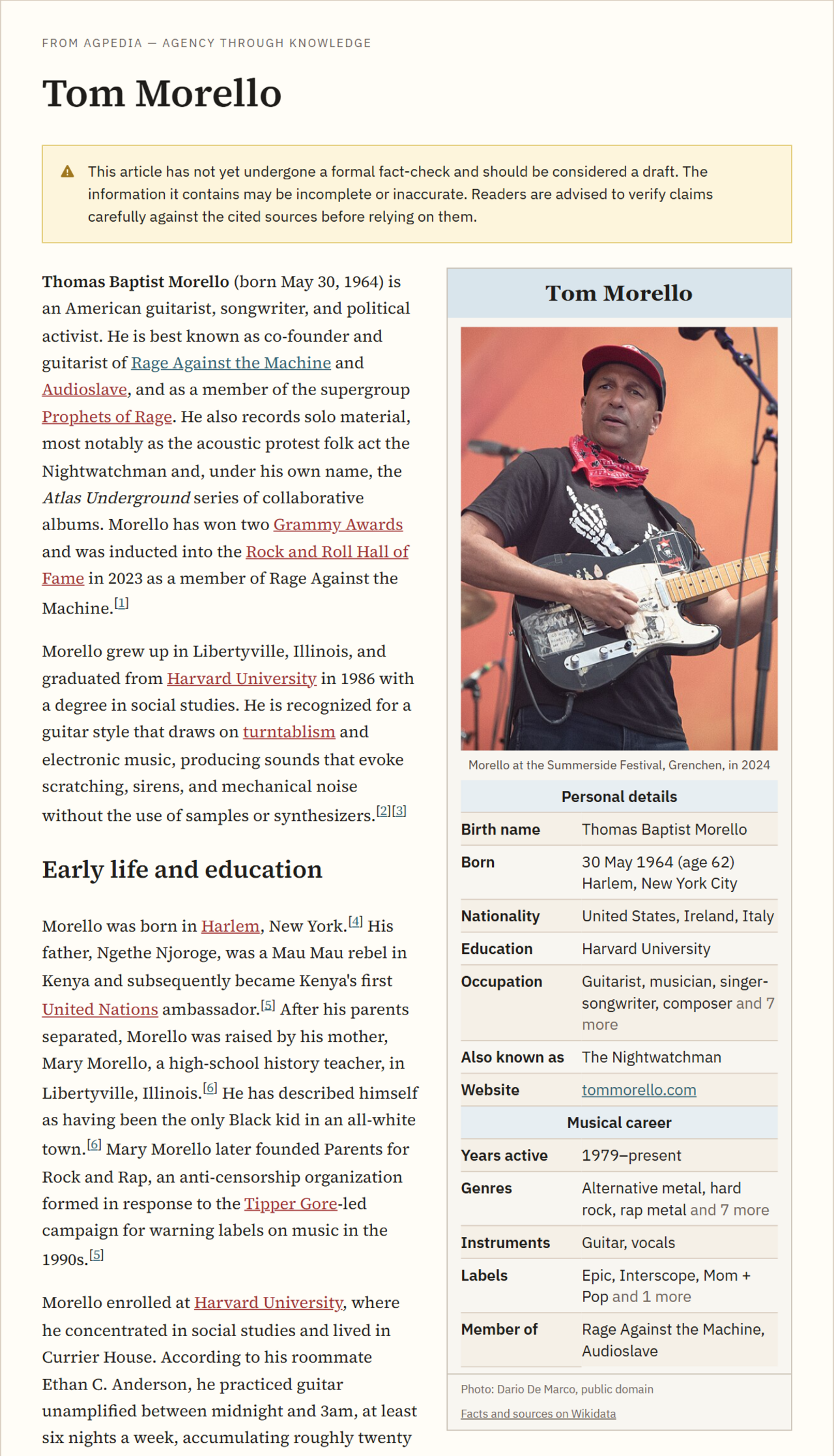 The Tom Morello article with an infobox at the top right: a title band with his name, a photo, then Personal details and Musical career, and a link at the bottom to the facts and their sources on Wikidata