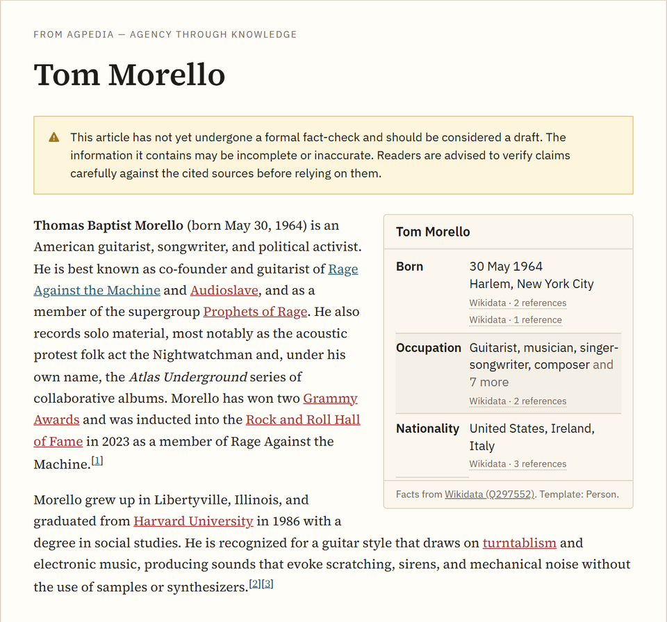 The Tom Morello article with an infobox at the top right: a title band with his name, a photo, then Personal details and Musical career, and a link at the bottom to the facts and their sources on Wikidata