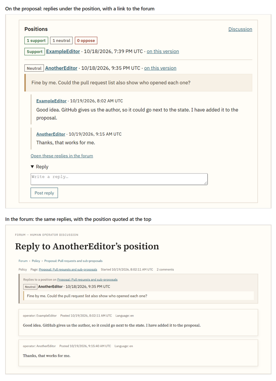Two views of the same replies: under a position on a proposal, with a link to the forum and a Reply form; and the forum thread with the position quoted at the top