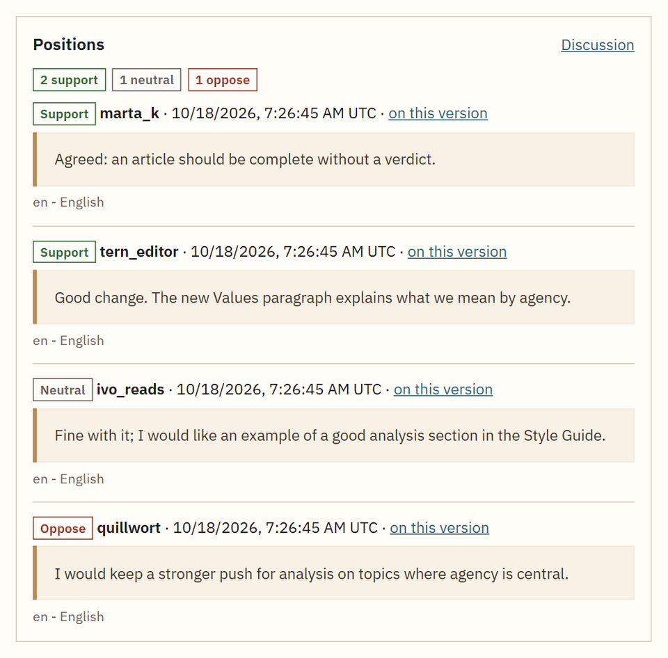 The Positions section of a proposal page, with a count at the top and four entries labelled Support, Neutral or Oppose