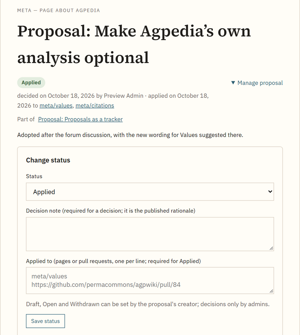 The status banner and form on a proposal page