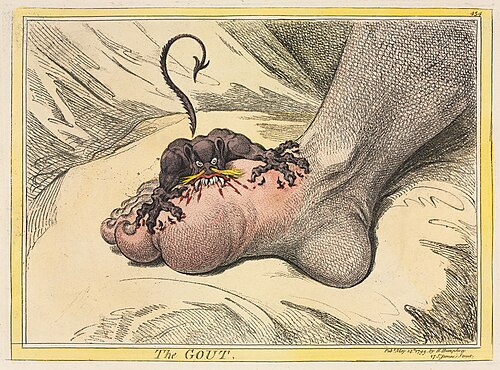 Caricature of a small black demon biting into a swollen, inflamed foot resting on a cushion.