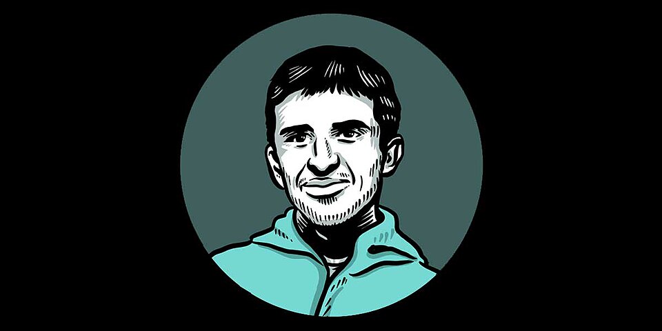 Ink-style illustrated portrait of a smiling man with short dark hair and stubble, wearing a teal zip-neck top, inside a dark teal circle on a black background.